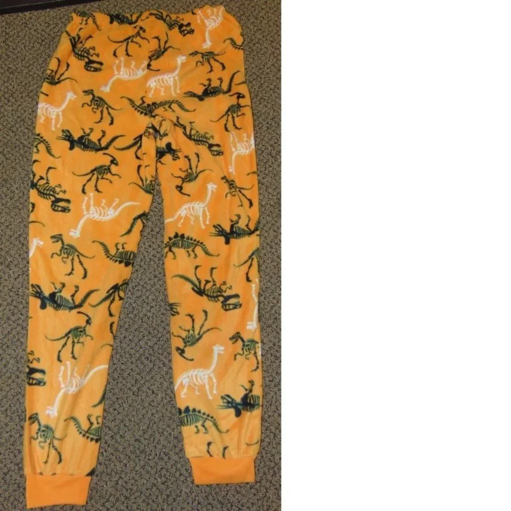 Skeleton Dinosaur Halloween Pajamas 10/12 Gray Shirt & Orange Pants 2 Pc Kids